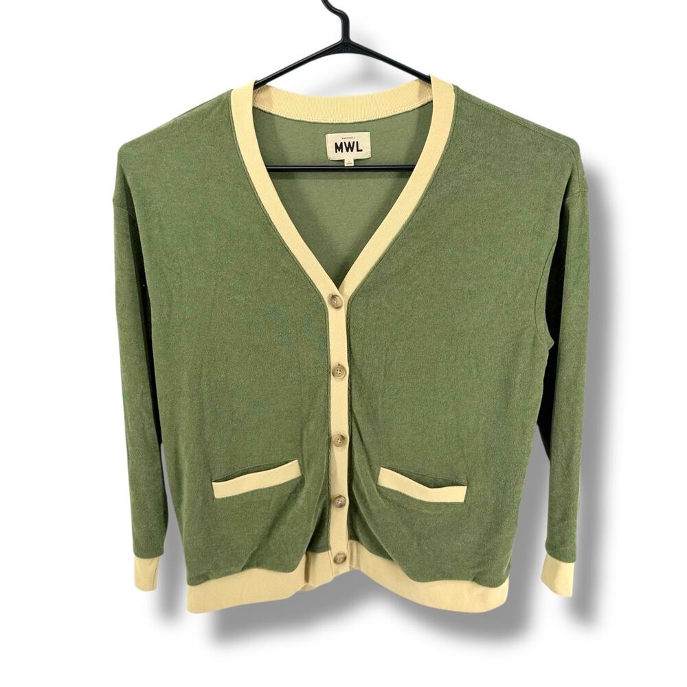 Madewell MWL Towel Terry Cardigan Sweater Sage Green Colorblock Knit Sz. Large L